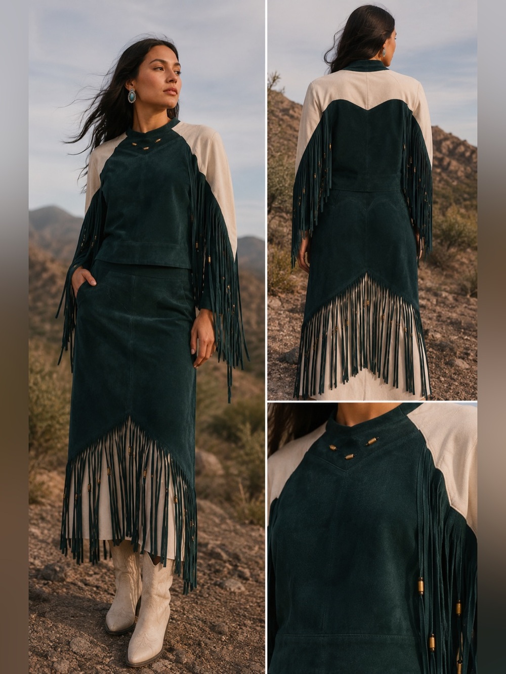 Fringed Suede Skirt Set in Deep Teal and Cream